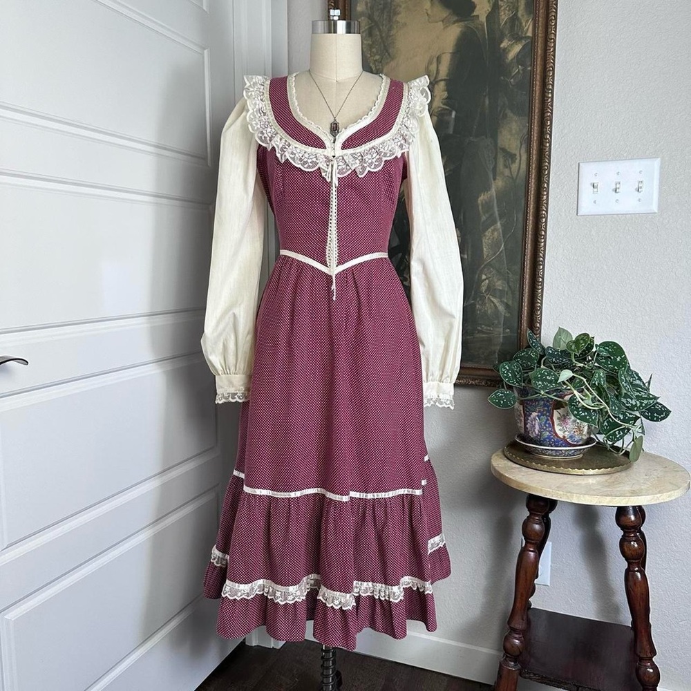 Vintage 70s Gunne Sax prairie long sleeve casual dress red gingham corset Size 7 - Picture 2 of 8